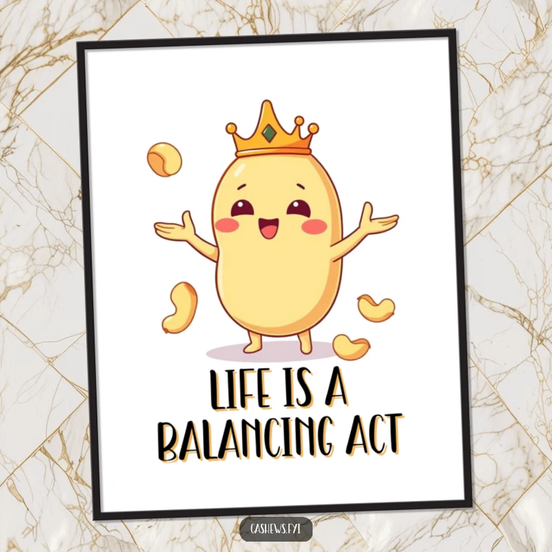 Funny Free Printable Wall Art: Kawaii cashew king juggling nuts with a crown, delightful and whimsical DIY downloadable art.
