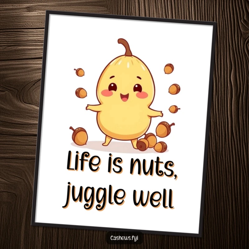 Free Printable Wall Art: a smiling cashew nut character impressively juggles a handful of tiny acorns with cheerful focus.