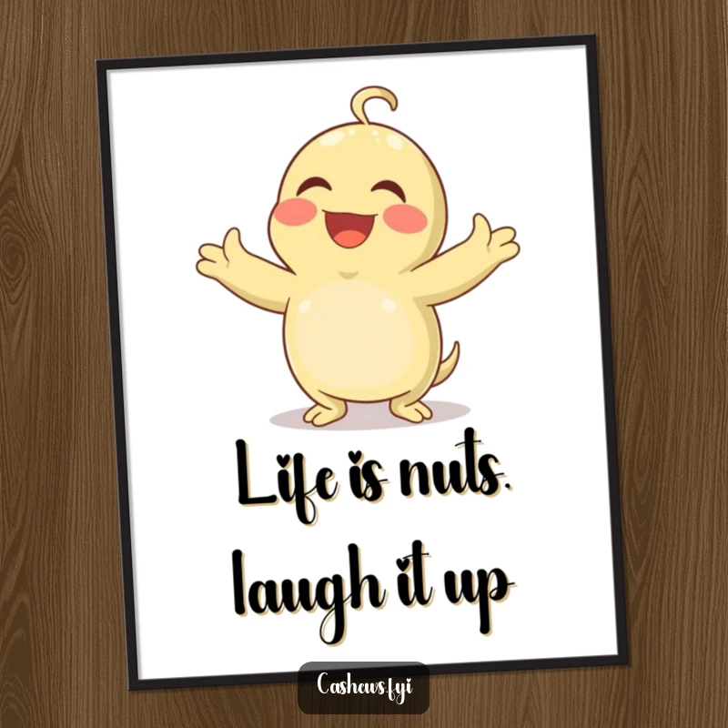 Funny Free Printable Wall Art: A cashew with arms spread wide, erupting in hearty, uncontrollable laughter, a picture of pure glee.