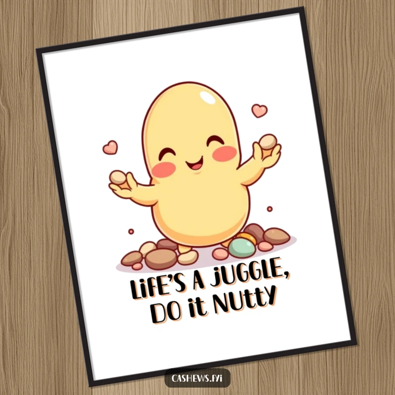 Funny Free Printable Wall Art: A smiling cashew nut skillfully juggling tiny pebbles, a piece of whimsical decor.