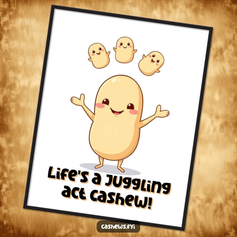 Funny Free Printable Wall Art: A happy cashew with tiny legs is joyfully juggling smaller nuts, a whimsical decoration.