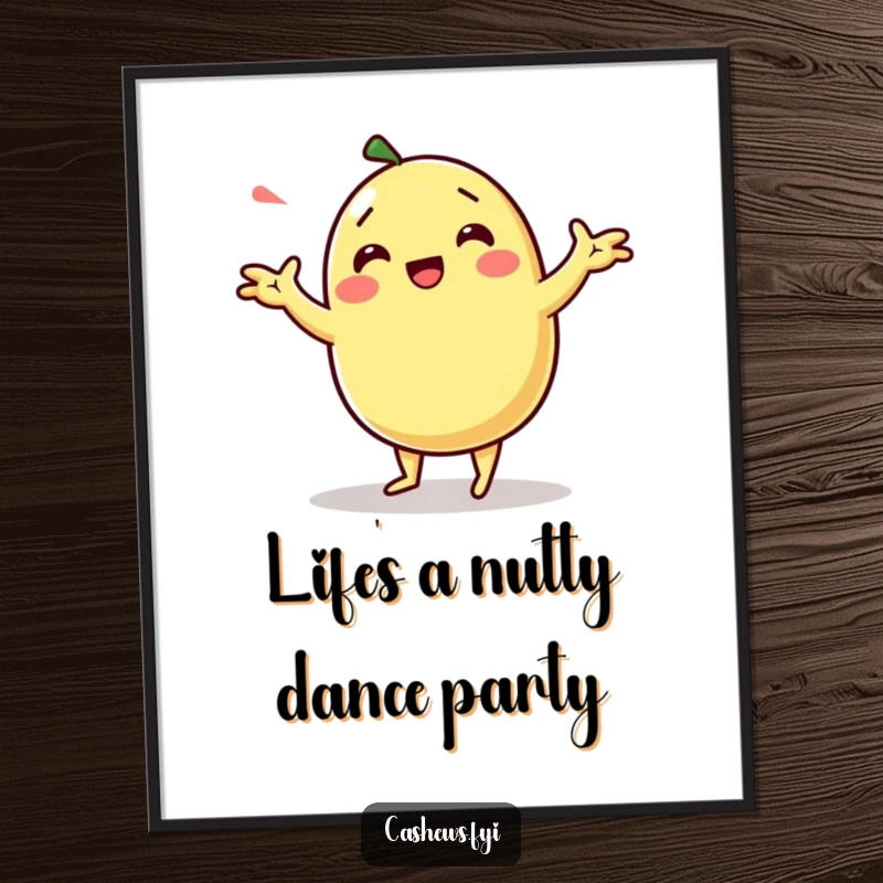 Funny free printable wall art of a kawaii cashew character executing a hilariously exaggerated and silly dance.