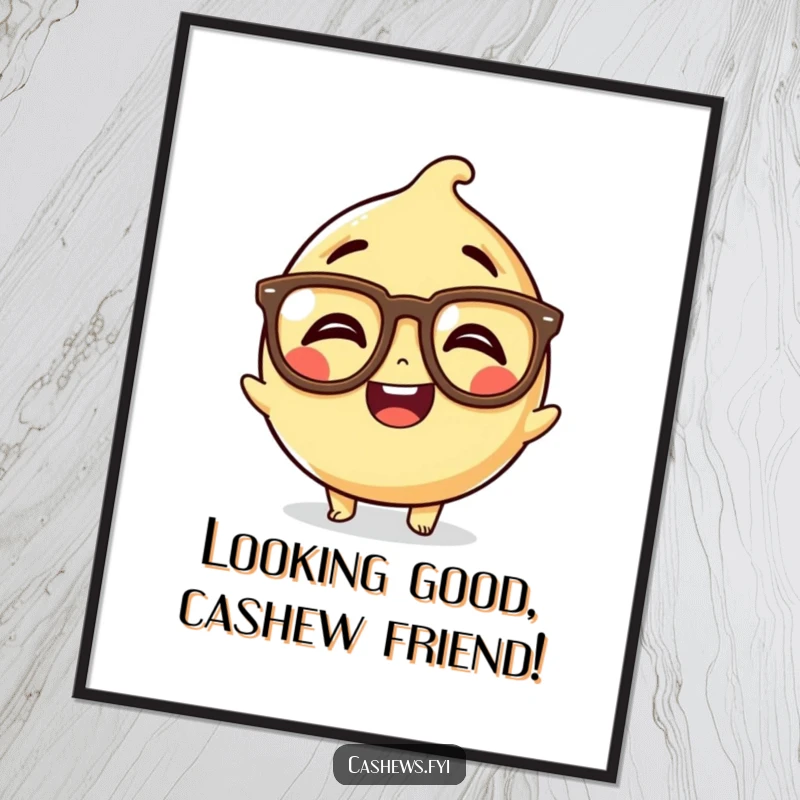 Funny free printable wall art showcasing a kawaii cashew character giggling while wearing comically large spectacles.