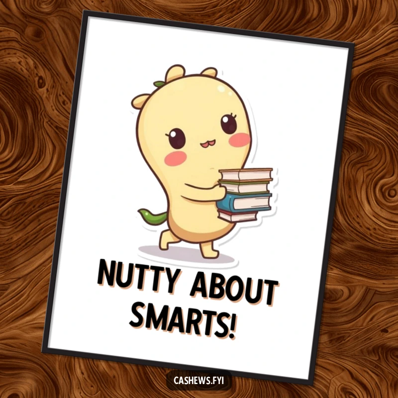 Funny Free Printable Wall Art: A kawaii cashew character is shown tripping while carrying a large stack of books, creating a humorous scene.