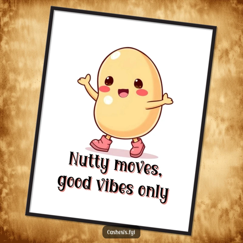 Funny Free Printable Wall Art: A cashew nut wearing tiny boots, dancing with pure excitement and happiness.