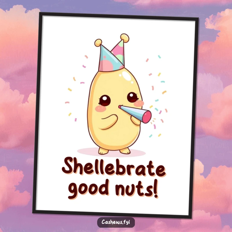 Funny free printable wall art of a kawaii cashew in a party hat, enthusiastically blowing a confetti popper with excitement.