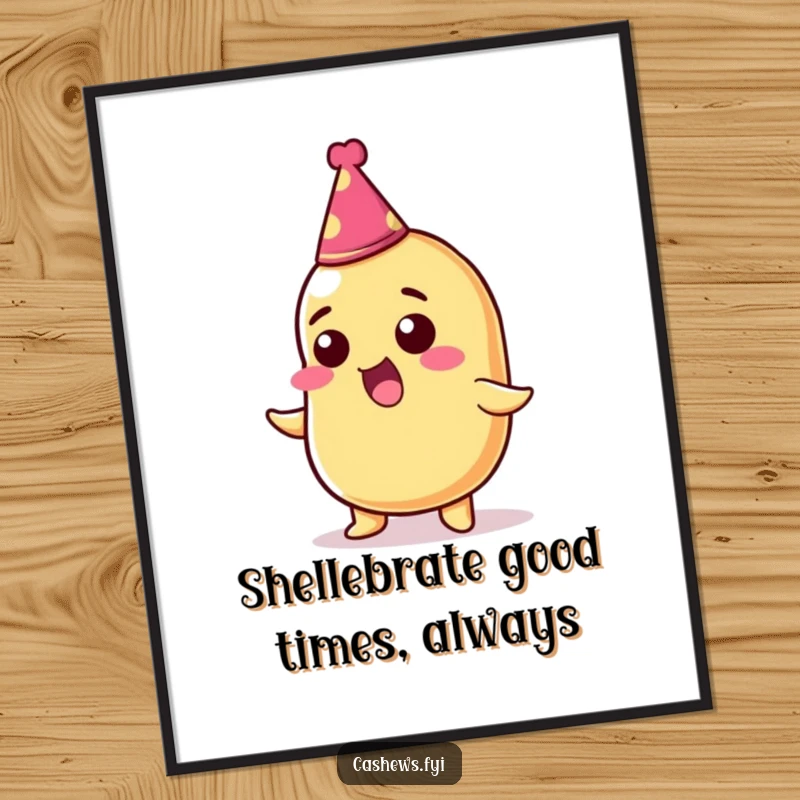 Funny Free Printable Wall Art: A thrilled cashew nut wearing a tiny party hat, exuding pure joy, a downloadable gift.