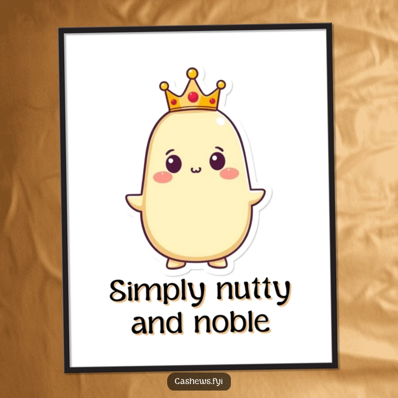 Funny Free Printable Wall Art: A proud cashew character wearing a tiny crown, exuding regal humor and charm, a unique downloadable art piece.