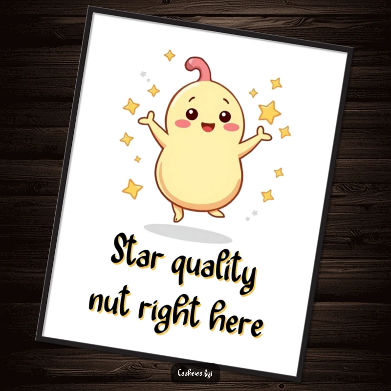 Funny Free Printable Wall Art: A cashew dancing with abandon as stars swirl around it, creating an energetic and celebratory visual.