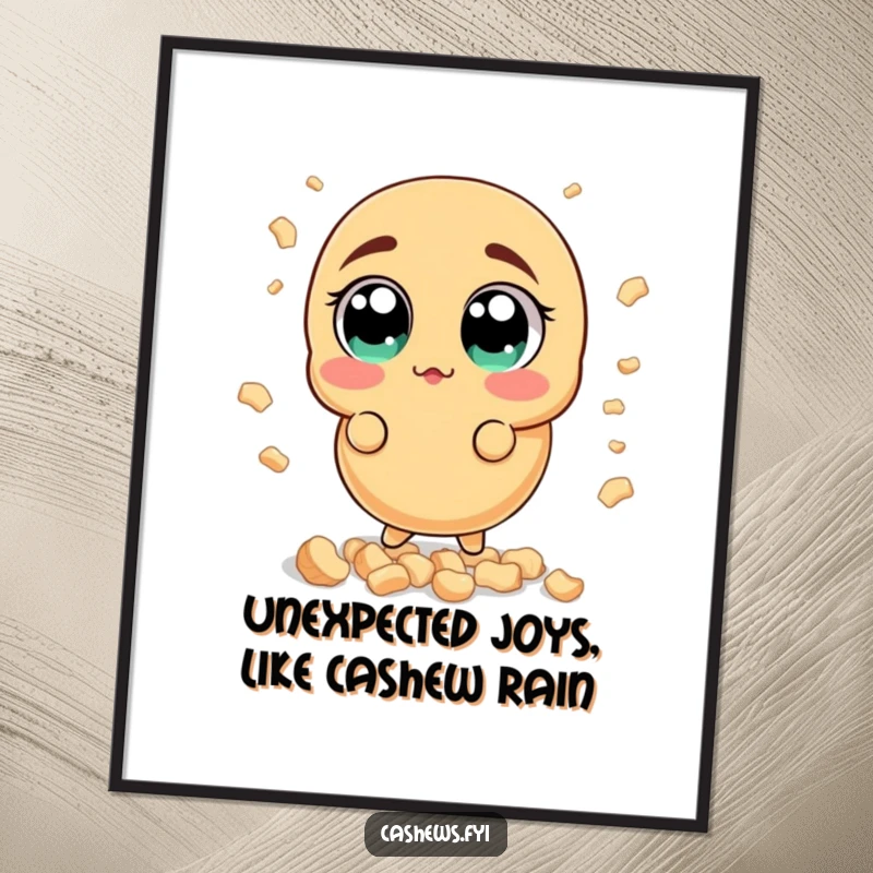 Funny Free Printable Wall Art: A cashew wide-eyed surprised by a shower of smaller cashew bits, creating a humorous scene.