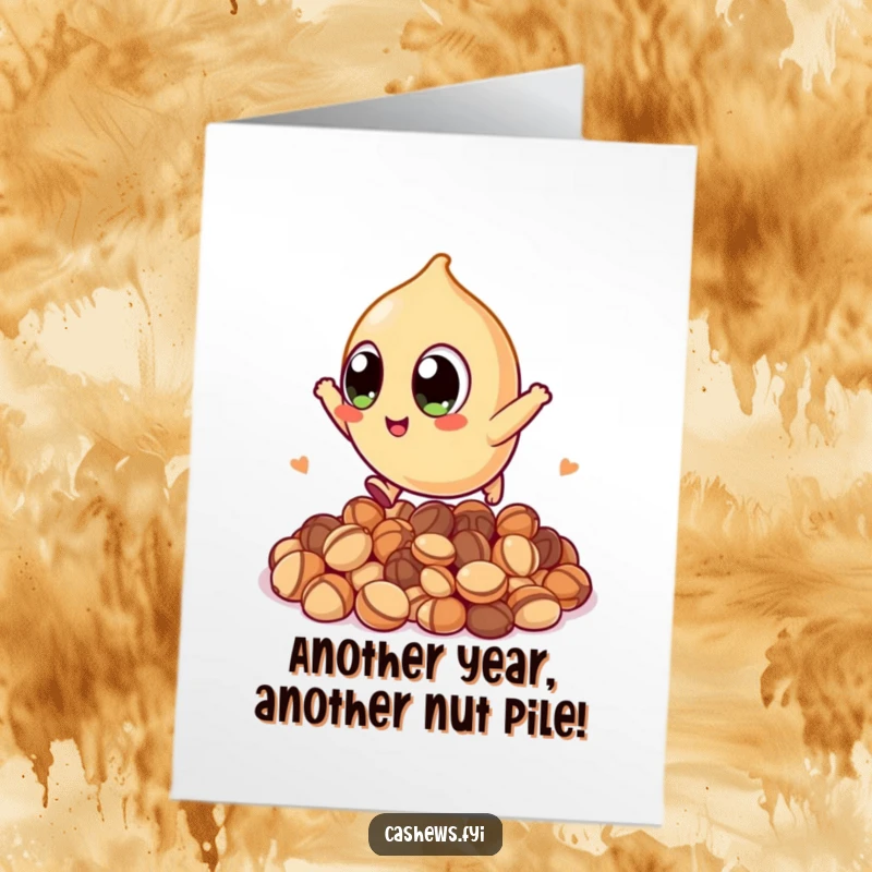 Funny Free Printable Birthday Card: A kawaii cashew with massive eyes energetically leaps over a stack of nuts.