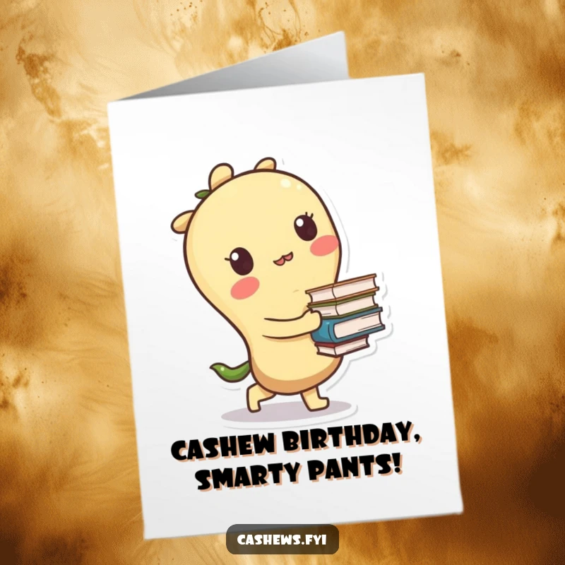 Funny Free Printable Birthday Card: A kawaii cashew character trips slightly while precariously balancing a tall stack of books, looking flustered.