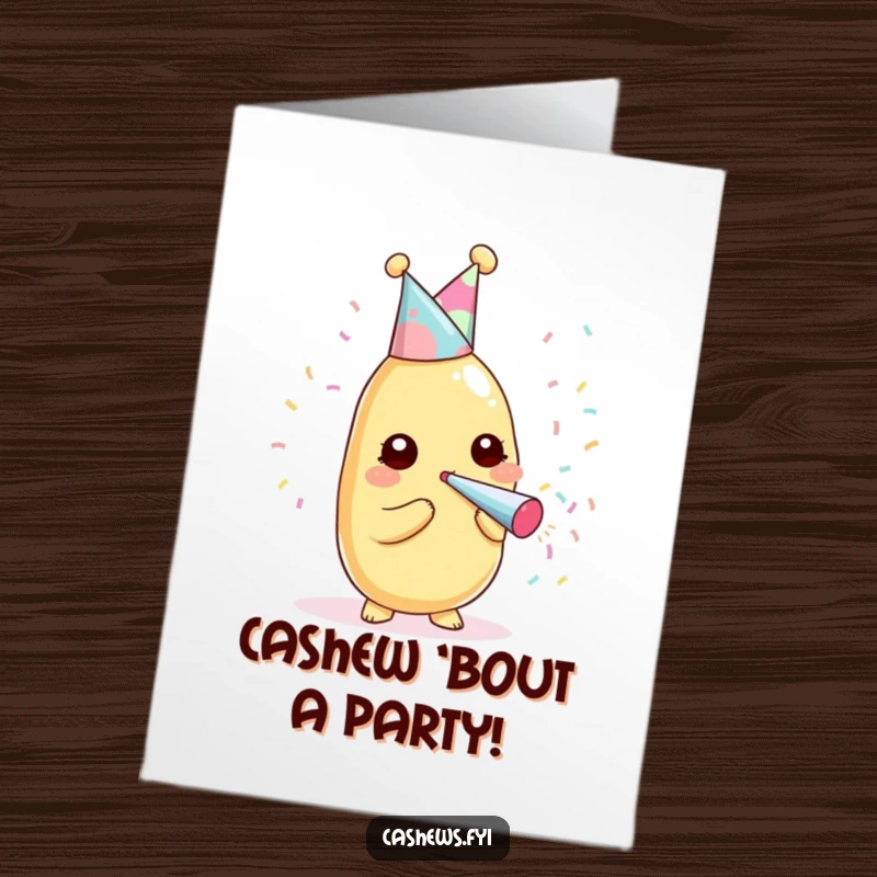 Funny free printable birthday card featuring a cute kawaii cashew in a party hat blowing a confetti popper with glee.