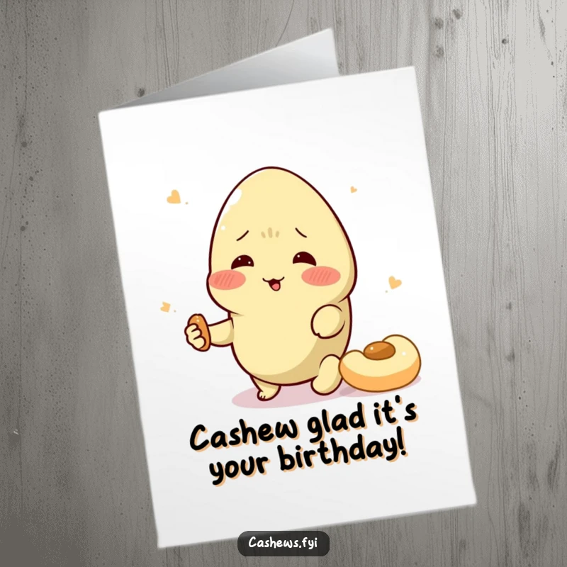 Funny free printable birthday card: a cashew with rosy cheeks dramatically swoons over a delicious cashew snack.