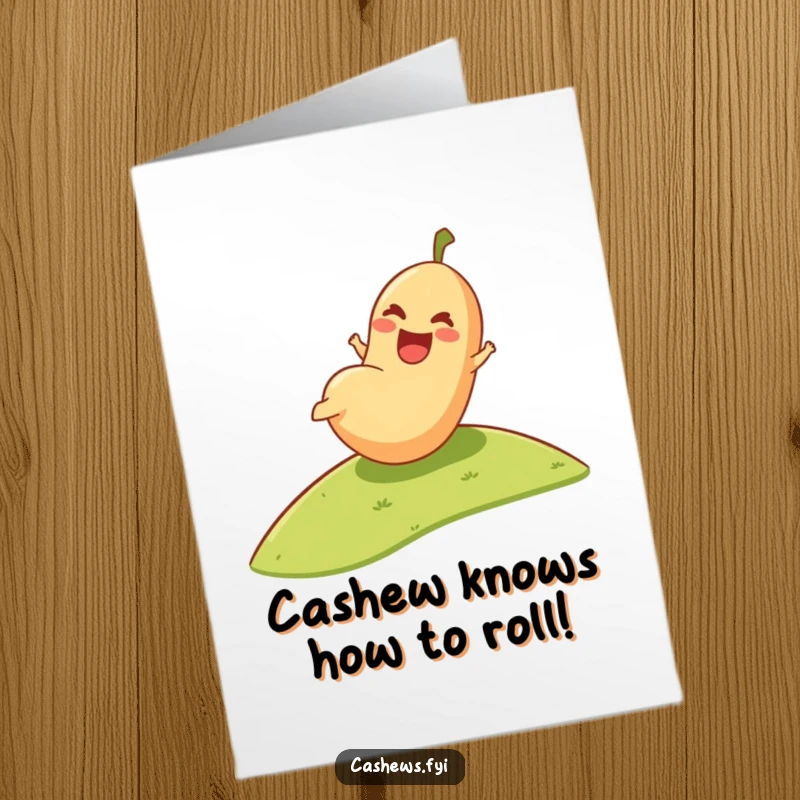 Funny Free Printable Birthday Card: Happy Cashew joyfully rolling down a grassy hill, embodying pure, unadulterated birthday bliss.