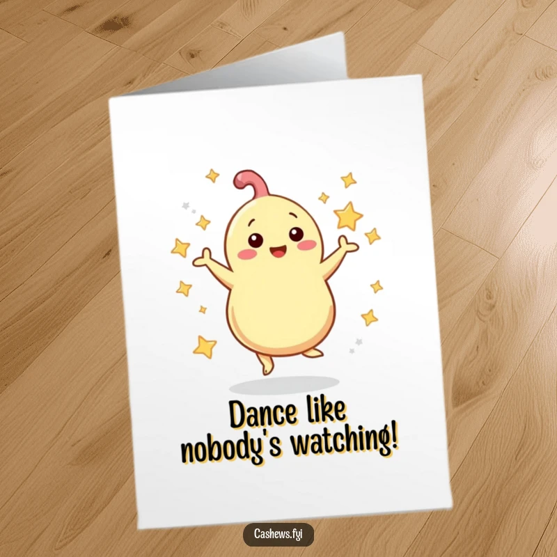 Funny Free Printable Birthday Card: A joyous cashew dancing energetically with sparkling stars swirling all around its body, radiating happiness.