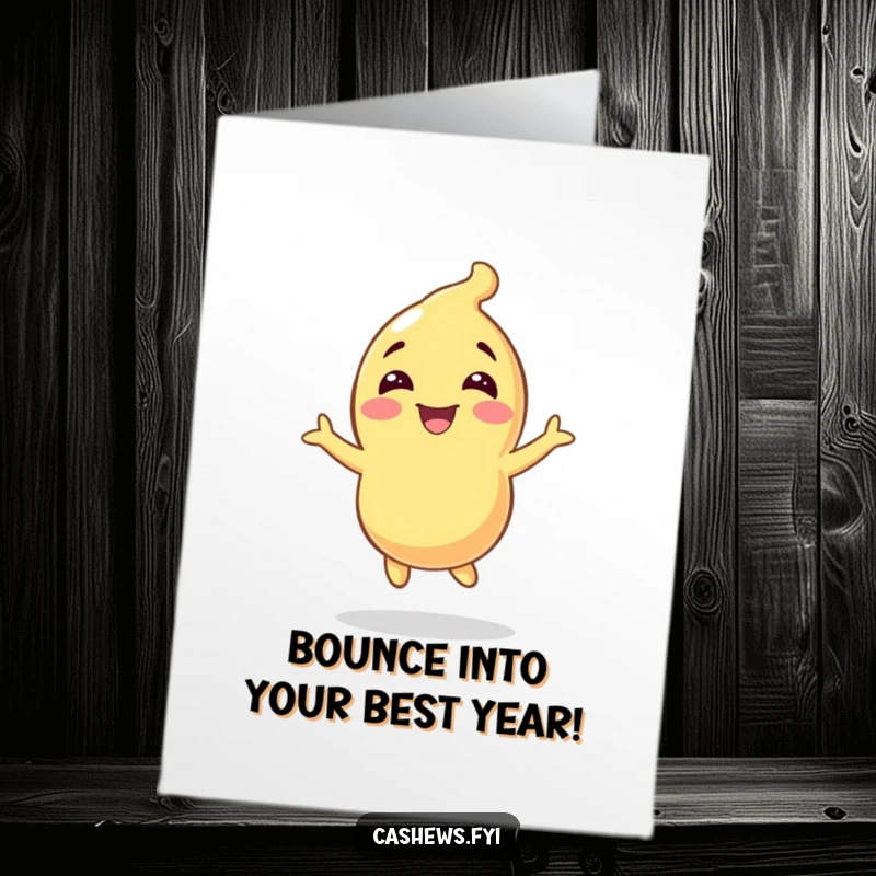 Funny Free Printable Birthday Card: Ecstatic cashew character bouncing with pure uncontainable glee, radiating happiness. Perfect DIY gift.