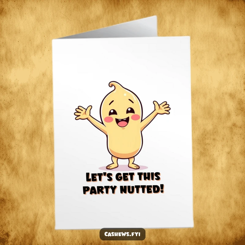 Funny Free Printable Birthday Card depicting a cashew character in a wild, silly dance pose with arms wide open, full of joy.