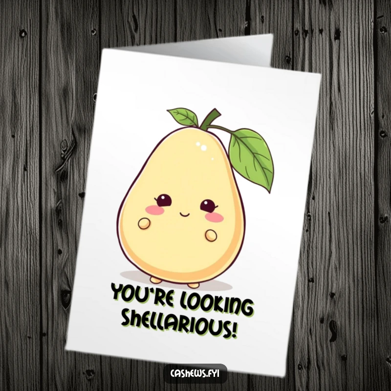 Funny Free Printable Birthday Card with a shy cashew character peeking from behind a giant, smiling cashew, sharing a secret wish.