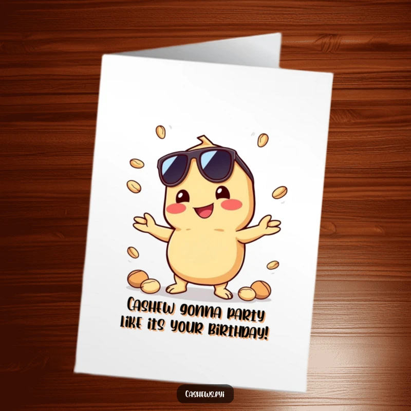 Funny Free Printable Birthday Card: A kawaii cashew in sunglasses grins while juggling tiny nuts.