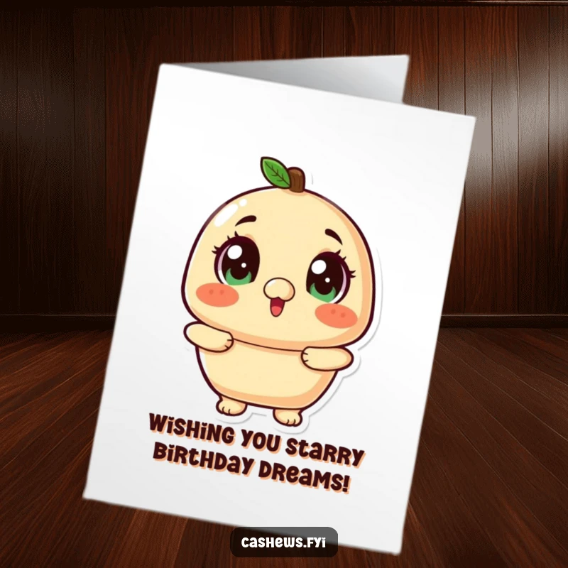 Funny free printable birthday card featuring a kawaii cashew with huge, twinkling eyes looking up with pure excitement.