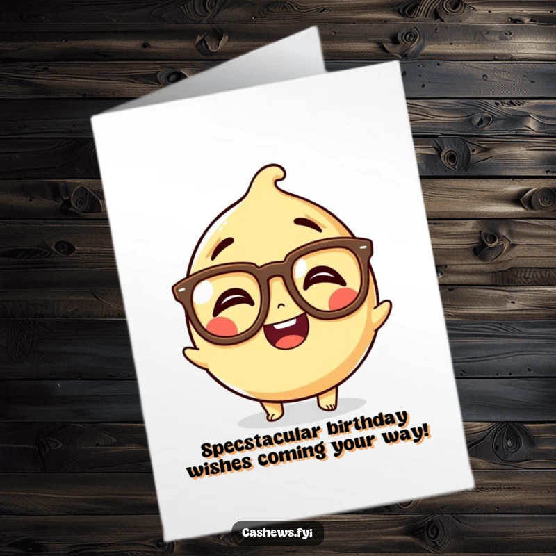 Funny free printable birthday card: a kawaii cashew character giggles behind oversized, comical spectacles.