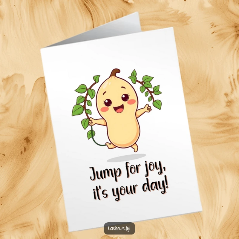 Funny Free Printable Birthday Card: Kawaii cashew character joyfully jumping rope with a vine, big smile.