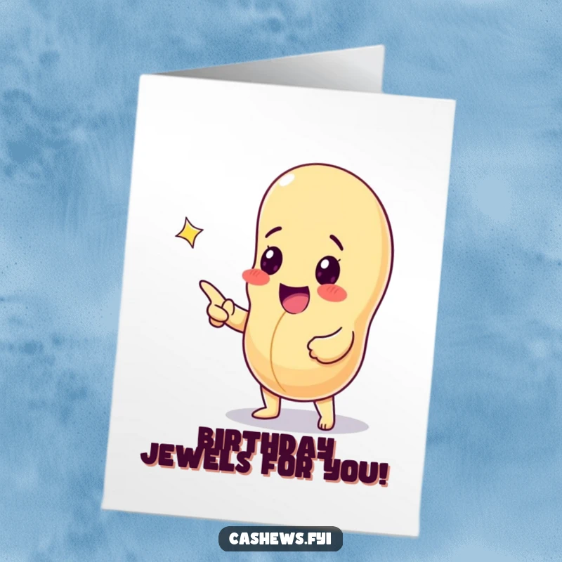 Funny Free Printable Birthday Card: A cashew nut excitedly points at a large, glittering gem.