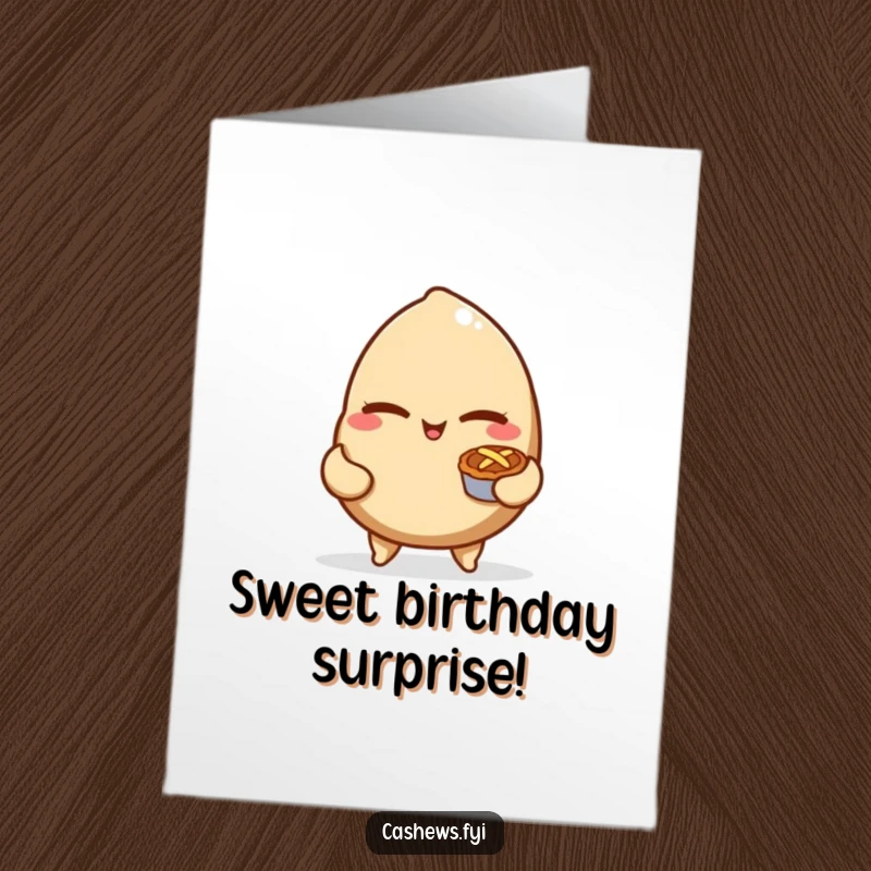 Funny Free Printable Birthday Card: A mischievous cashew nut winks while holding a tiny, delicious pie.