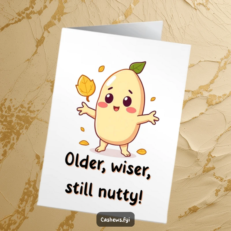 Funny Free Printable Birthday Card: Kawaii cashew character surprised by a falling leaf, arms outstretched.