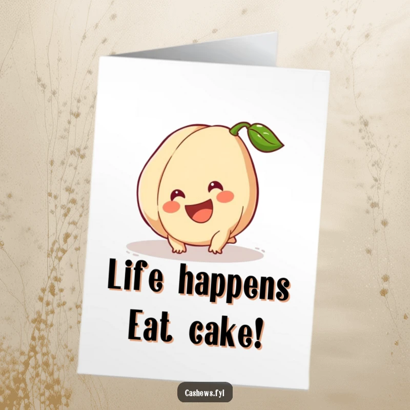Funny Free Printable Birthday Card: A cashew tripping slightly but smiling broadly, embodying resilience and a good sense of humor.