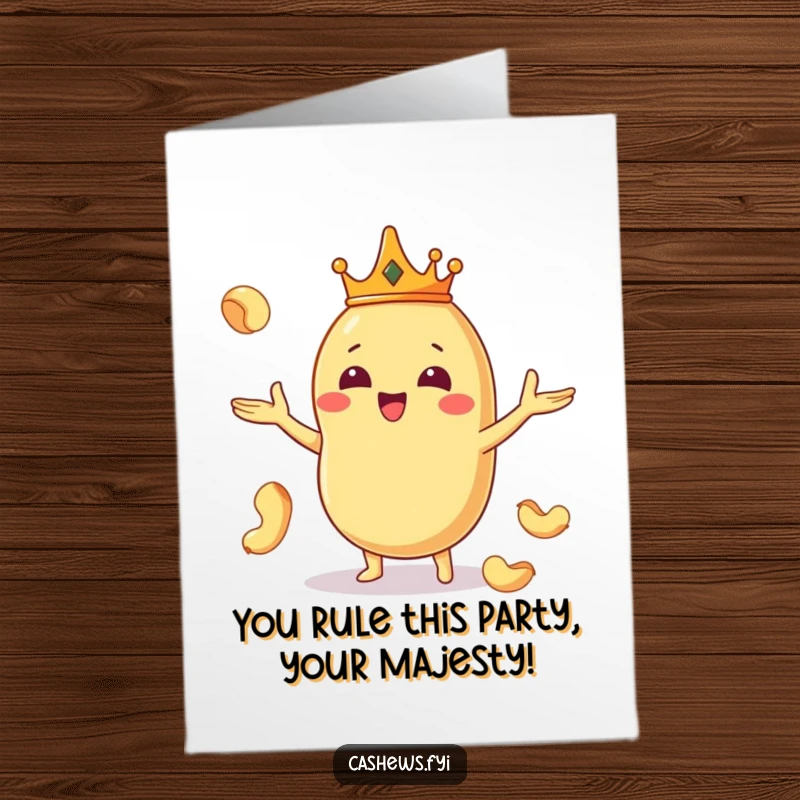Funny Free Printable Birthday Card: Kawaii cashew king wearing a crown, juggling nuts with delight, perfect DIY downloadable.