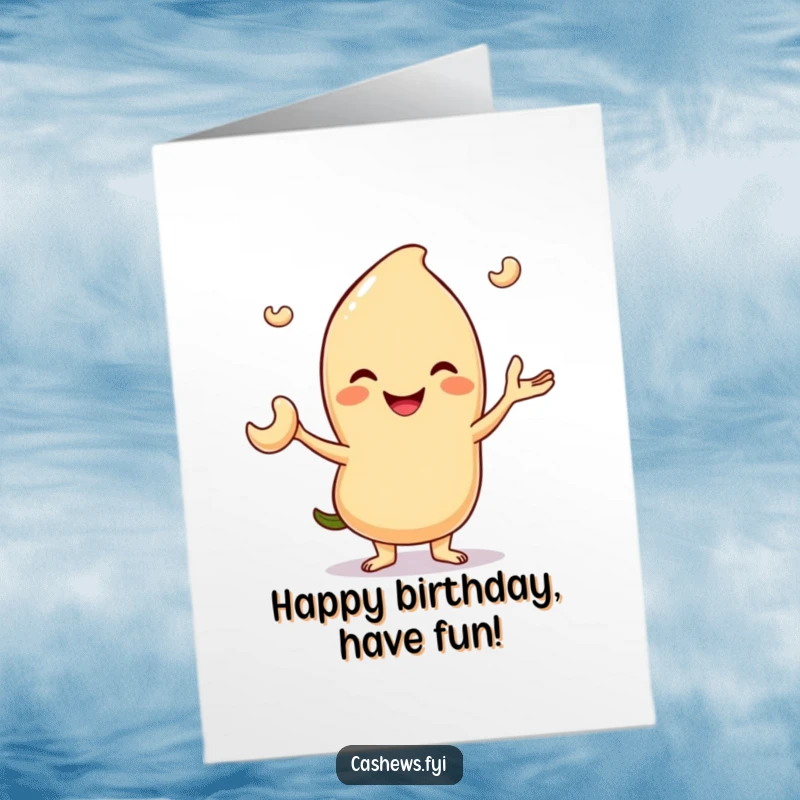 Funny Free Printable Birthday Card: A smiling cashew character expertly juggles three tiny cashew nuts, wishing a happy birthday.