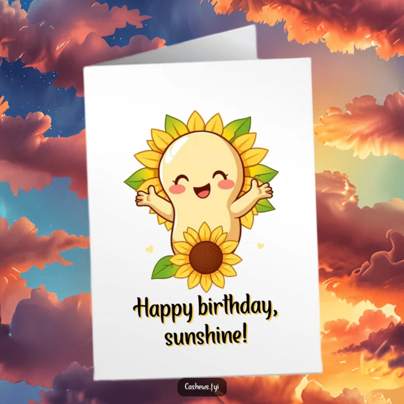Funny Free Printable Birthday Card: A cashew nut hugging a sunflower, expressing birthday joy, a downloadable gift.