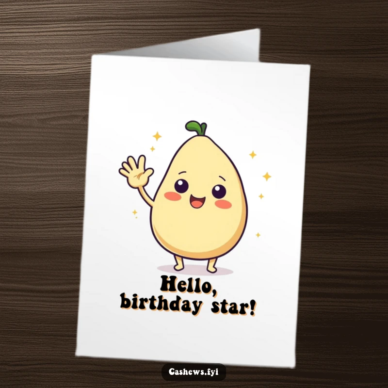 Funny Free Printable Birthday Card: A kawaii cashew character energetically waves hello, surrounded by tiny starbursts, radiating excitement.