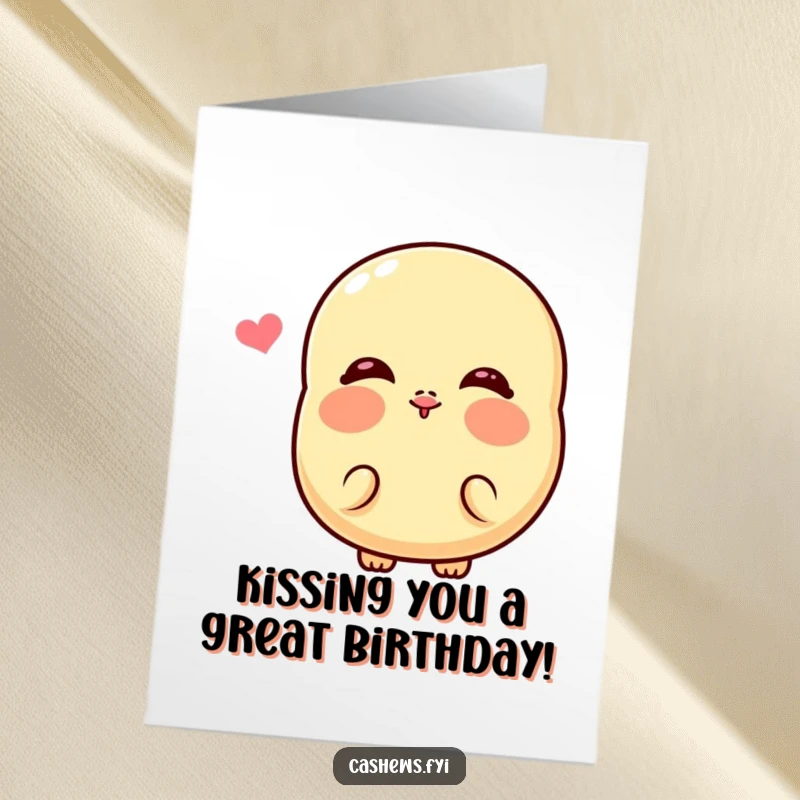 Funny free printable birthday card featuring a cute kawaii cashew character blowing a kiss with bright pink cheeks.