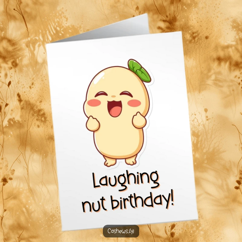 Funny free printable birthday card featuring a cashew character giggling uncontrollably, holding its sides, spreading immense joy and laughter.