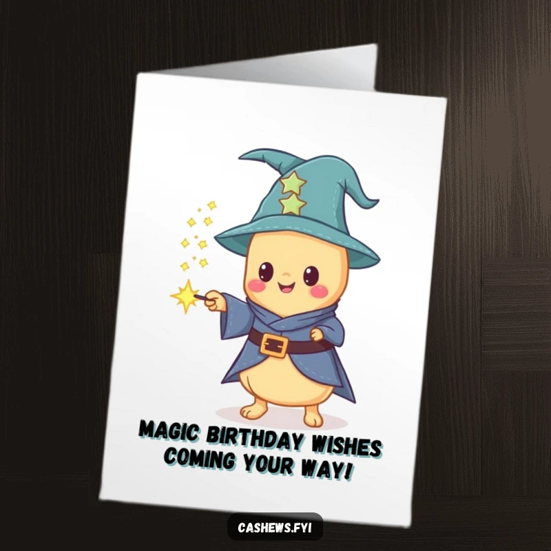 Funny Free Printable Birthday Card: Kawaii cashew wizard conjuring sparkling dust, casting magical birthday wishes, DIY downloadable.