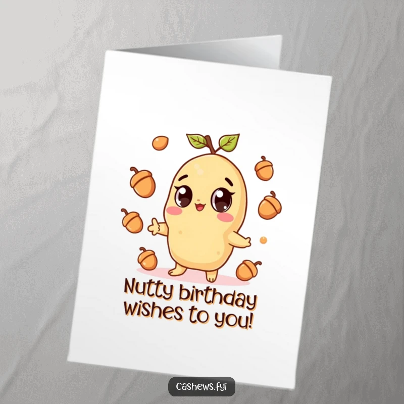 Funny Free Printable Birthday Card: A kawaii cashew with wide eyes juggles acorns gleefully, celebrating a nutty birthday, for downloads.