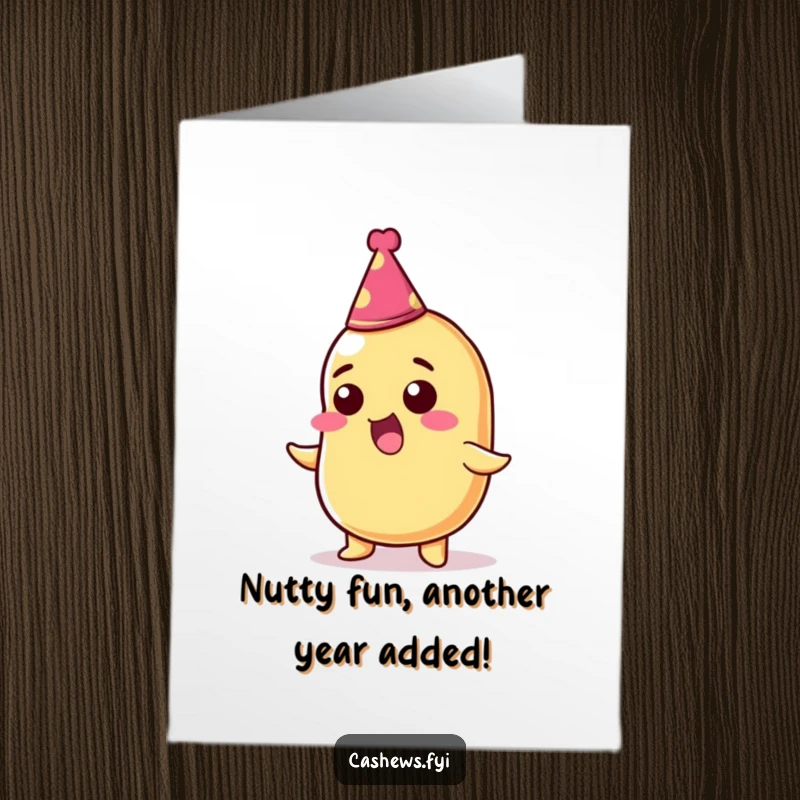 Funny Free Printable Birthday Card: A thrilled cashew nut in a party hat, ready for party fun, a downloadable gift.