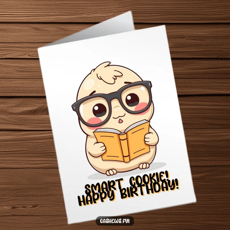 Funny Free Printable Birthday Card: A cashew wearing comically large glasses, intently reading a very small book, looking studious and cute.