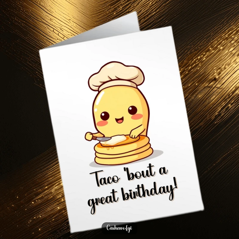 Funny Free Printable Birthday Card: Kawaii cashew chef joyfully flipping pancakes with a tiny hat.