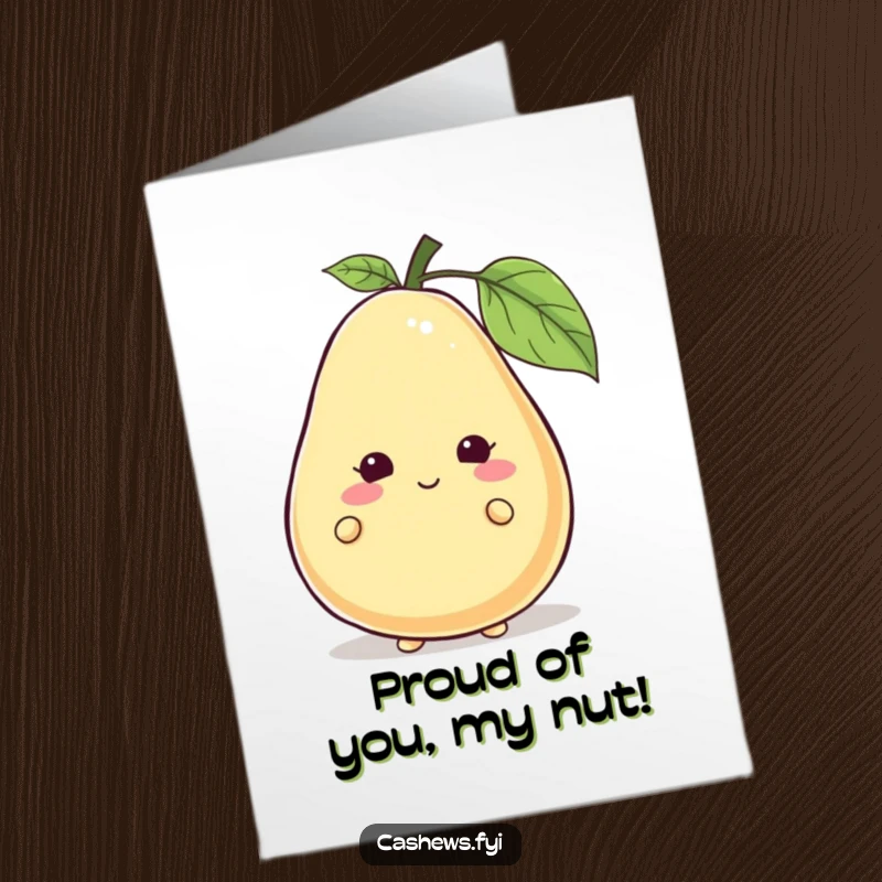 Funny Free Printable Congratulations Card showing a cashew character shyly peeking from behind a large, smiling cashew, offering warm wishes.
