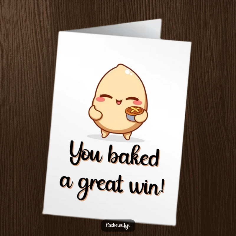 Funny Free Printable Congratulations Card: A winking cashew nut proudly holds a miniature pie as a prize.
