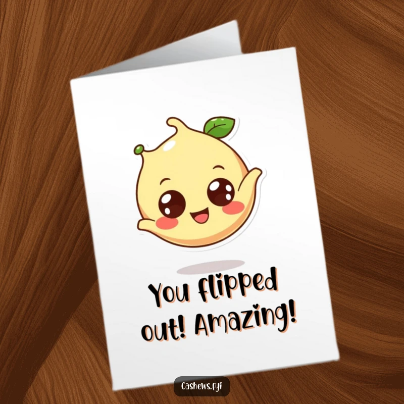 Free printable congrats card: a happy cashew does a somersault with wide eyes, celebrating success.