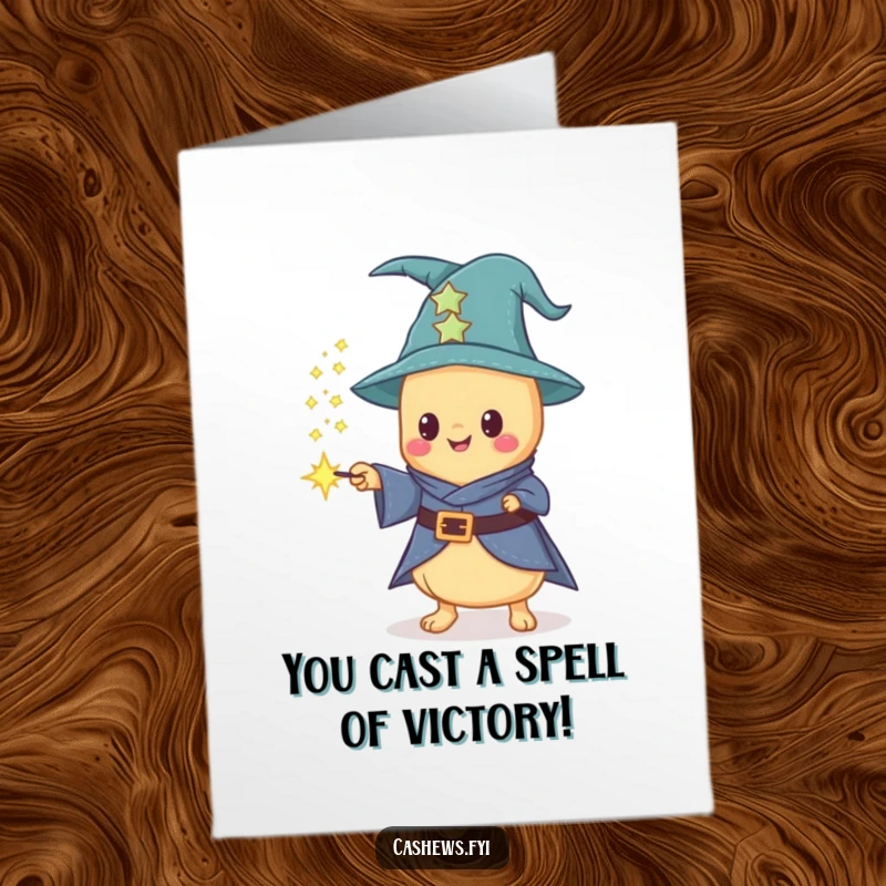 Funny Free Printable Congratulations Card: Kawaii cashew wizard conjuring sparkling dust from a wand, celebrating success, DIY downloadable.