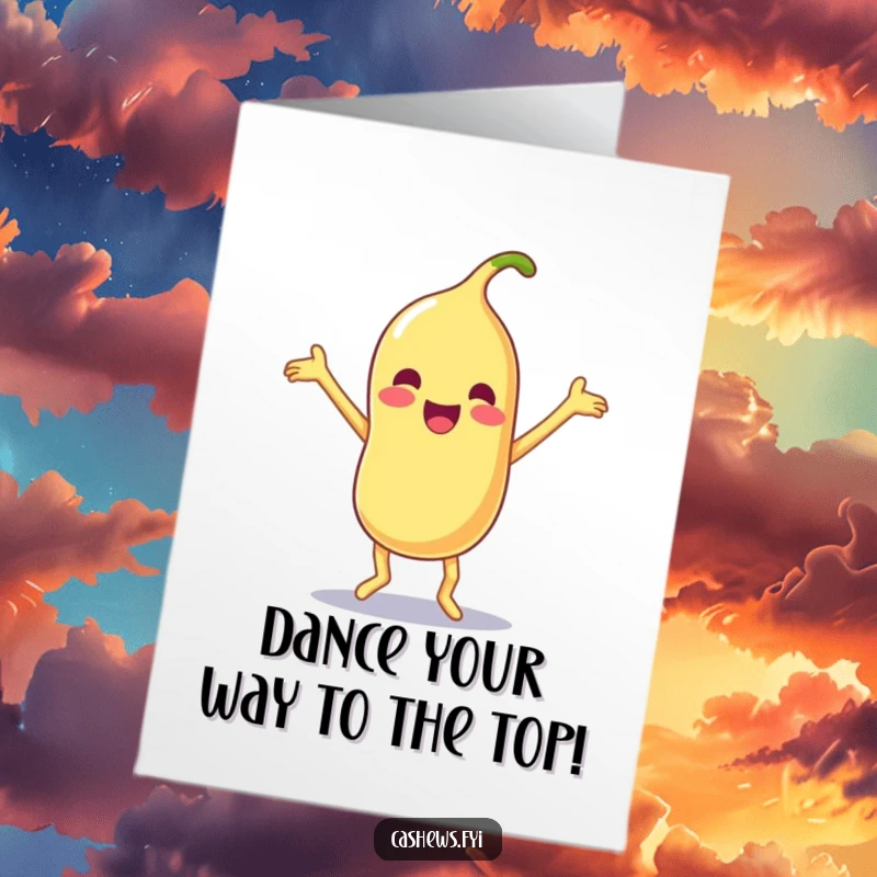 Funny Free Printable Congratulations Card: Kawaii cashew doing a silly dance with arms and legs flailing happily, celebrating, DIY downloadable.