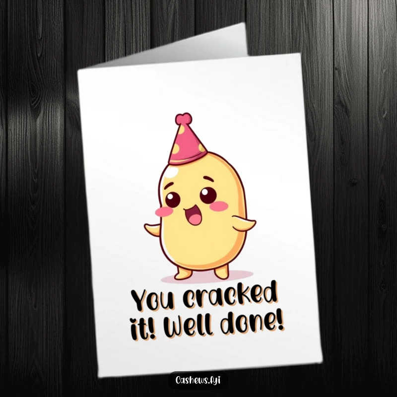 Funny Free Printable Congratulations Card: A thrilled cashew nut in a party hat celebrating success, a humorous downloadable gift.
