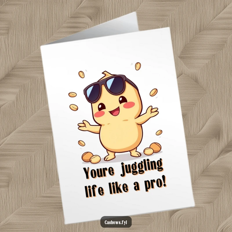 Funny Free Printable Congrats Card: A cool kawaii cashew wearing sunglasses juggles small nuts with a happy expression.