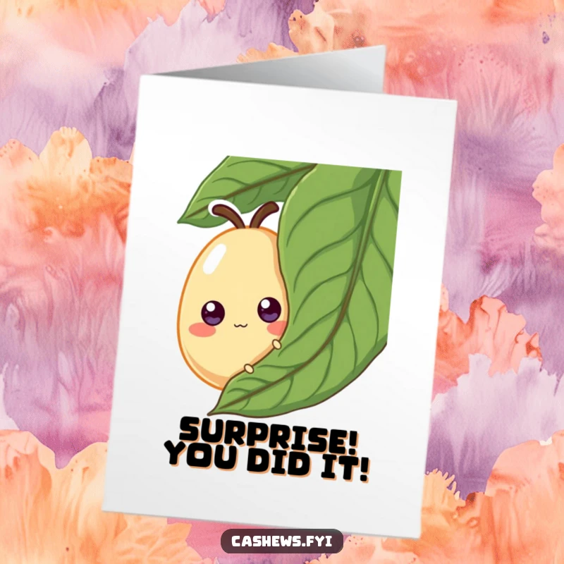Funny Free Printable Congratulations Card: Cashew with googly eyes peeking from behind a leaf, spying on success with humorous curiosity.